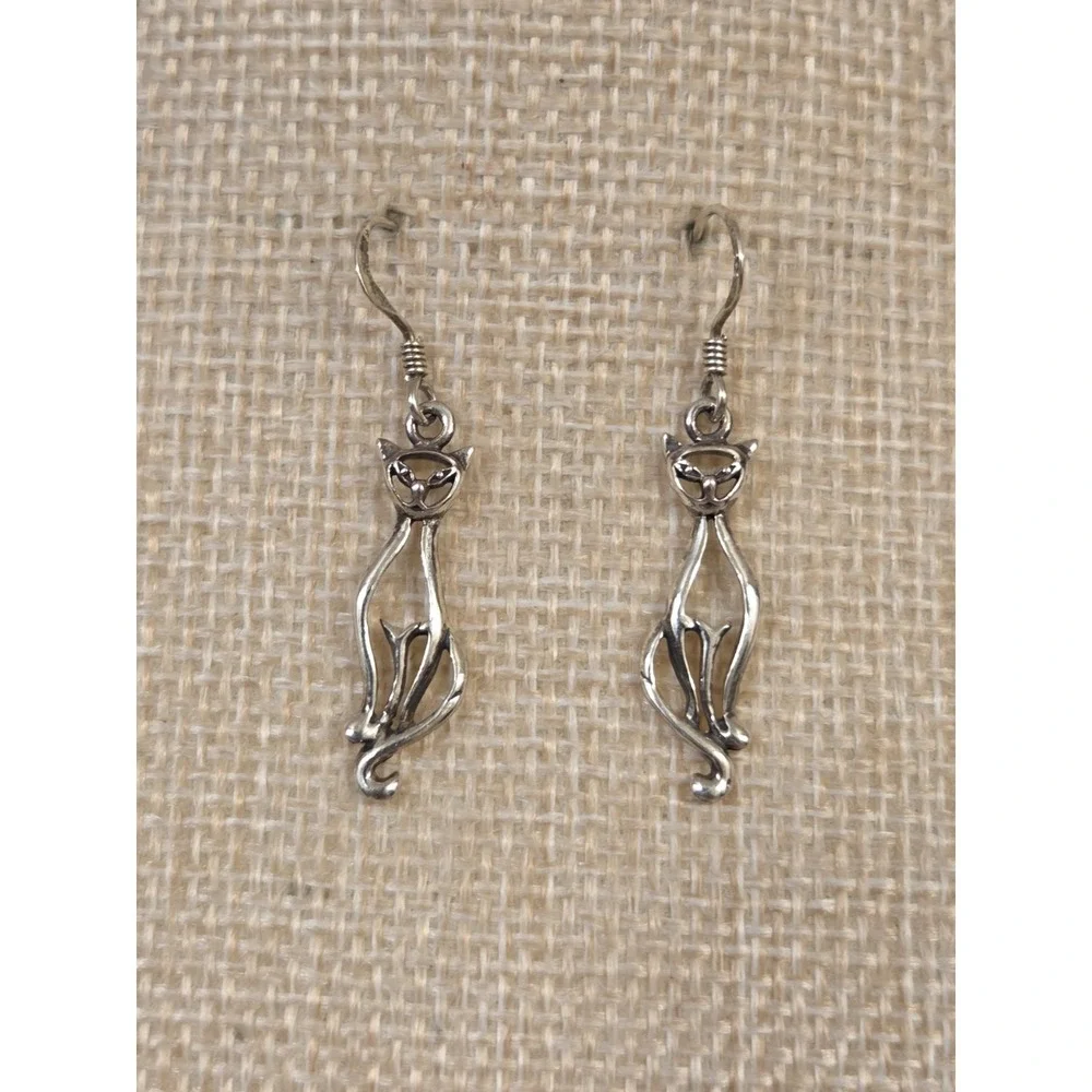 Vintage Suvani Sterling Silver Tall Cat Dangle Earrings